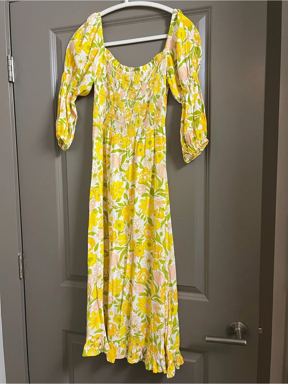 Faithfull The Brand Nora Floral Crepe Midi Dress Size 4 Small Yellow